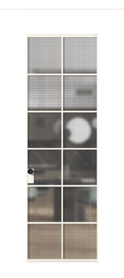 Алюминиевая дверь АЛПЛ040.05 Алюминий пудровый белый Декоративное стекло с сеткой "Mesh silver", триплекс, 6 мм Цена 121772  | Volhovec