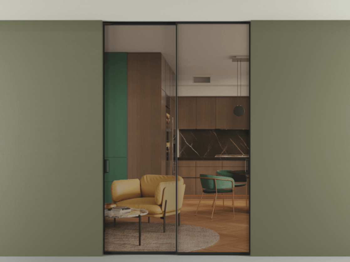 Перегородка Formato внутри проёма скрытое крепление в потолок 2 створки АЛПР 040.01 Алюминий Черный Прозрачное бронзовое стекло, триплекс Цена 265090 ₽ | Volhovec