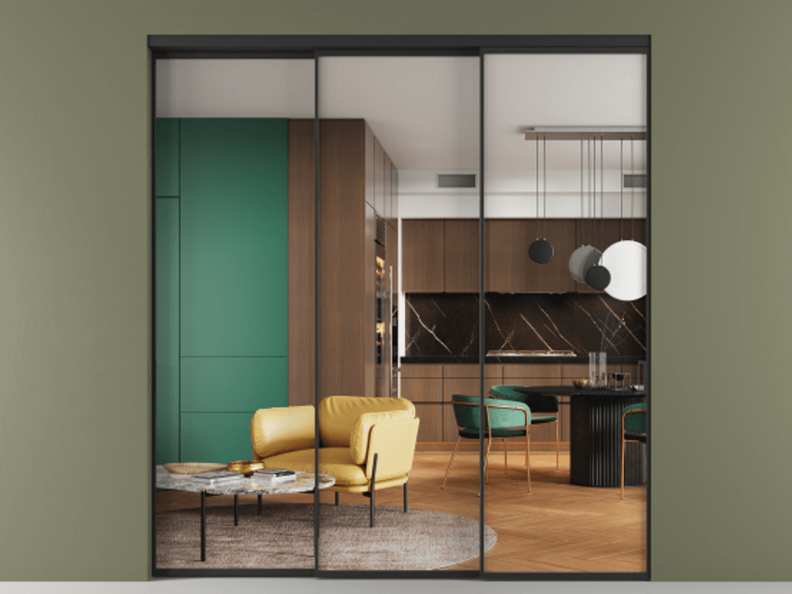 Перегородка Formato внутри проёма телескопик синхро 2 АЛПР 040.01 Алюминий Черный Прозрачное стекло "Crystal Vision", калёное, 6 мм Цена 359500 ₽  | Volhovec