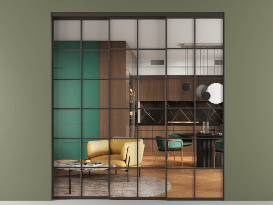 Перегородка Formato внутри проёма 3 створки с синхронным механизмом АЛПР 040.05 Алюминий антрацит Прозрачное стекло "Crystal Vision", калёное Цена 480700 ₽  | Volhovec