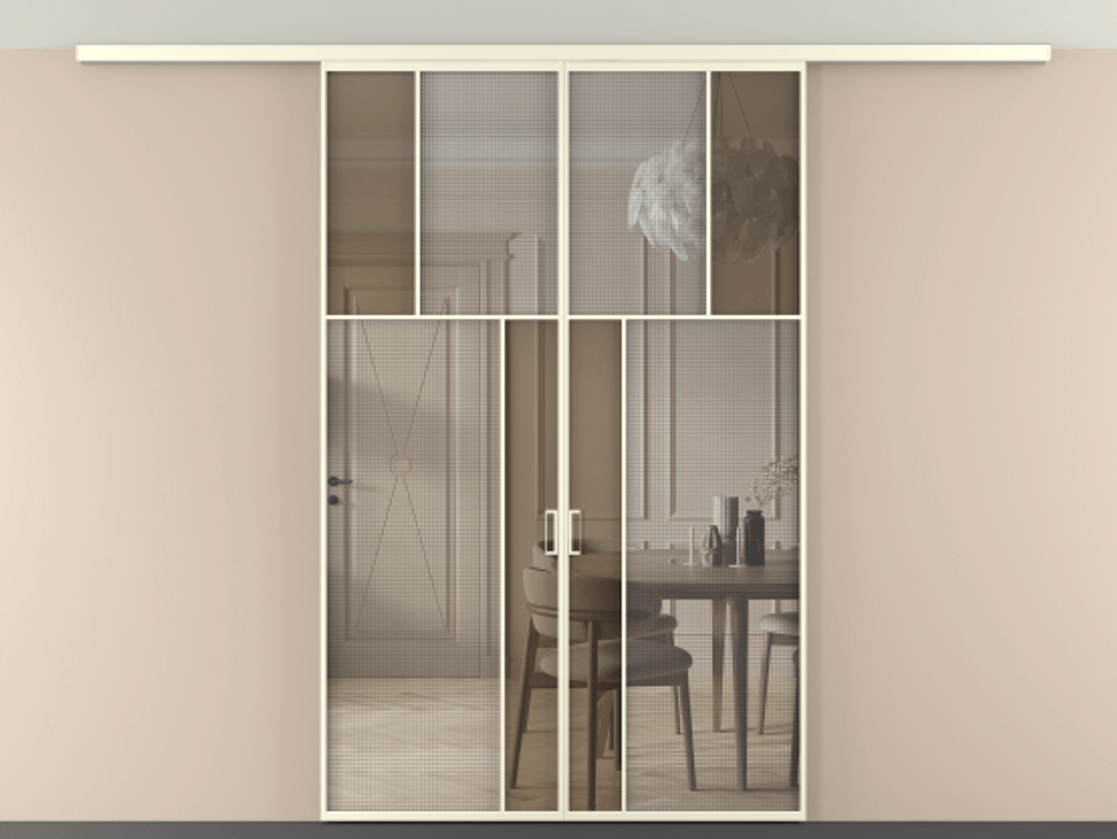 Перегородка Mosaic вдоль стены на потолок двустворчатая АЛПР 041.22 Алюминий молочно-белый Декоративное стекло с сеткой "Mesh silver", триплекс, 6 мм + Прозрачное бронзовое стекло, триплекс, 6 мм. Цена 259920 ₽ . Фабрика дверей Волховец 8 (800) 551 43 19 Перегородка Mosaic вдоль стены на потолок двустворчатая АЛПР 041.22 Алюминий молочно-белый Декоративное стекло с сеткой "Mesh silver", триплекс, 6 мм + Прозрачное бронзовое стекло, триплекс, 6 мм Цена 259920 ₽ | Volhovec