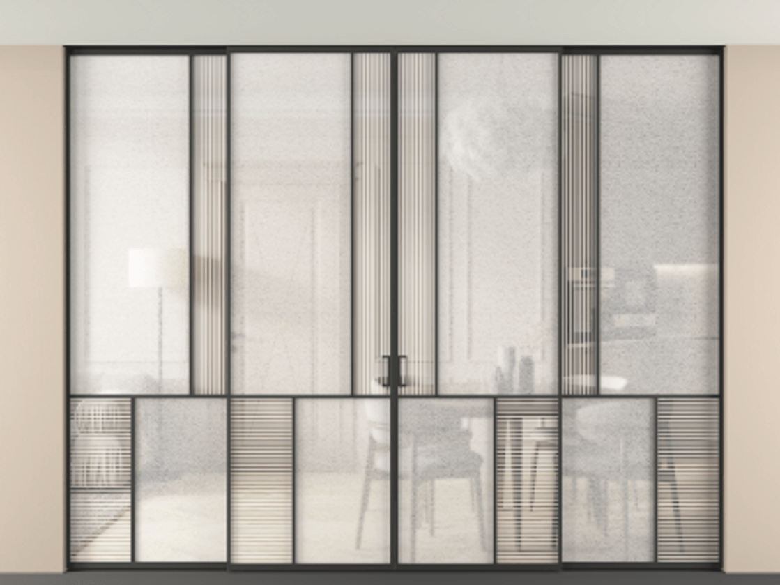 Перегородка Mosaic внутри проёма четырёхстворчатая со скрытым креплением в потолок АЛПР 041.20 Алюминий Черный Рифлёное стекло "Дюна", триплекс, 6 мм + Фактурное стекло "Лёд", триплекс Цена 606140 ₽ | Volhovec