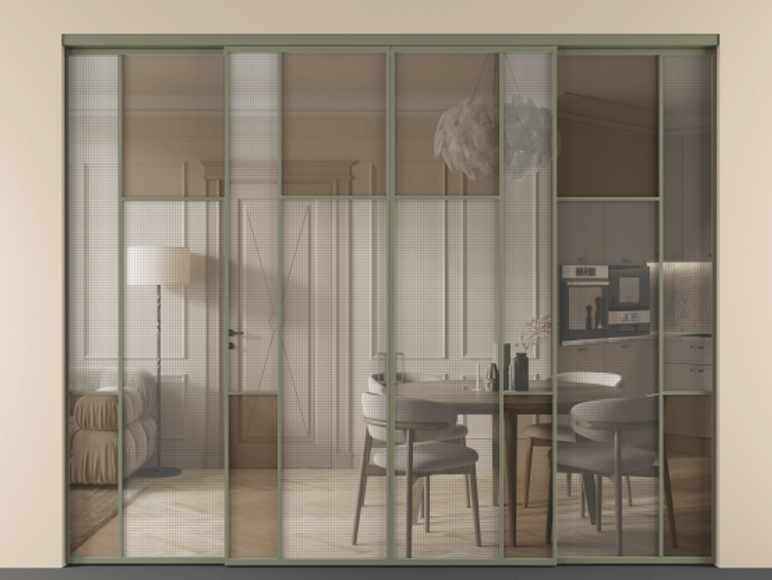 Перегородка Mosaic внутри проёма четырёхстворчатая АЛПР 041.10 Алюминий оливковый тёмный Декоративное стекло с сеткой "Mesh silver", триплекс, 6 мм + Прозрачное бронзовое стекло, триплекс Цена 484920 ₽ | Volhovec