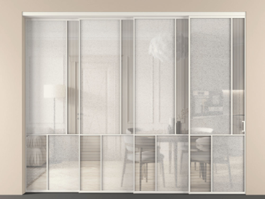 Перегородка Mosaic внутри проёма 4 створки с синхронным механизмом АЛПР 041.21 Алюминий Белый Рифлёное стекло "Дюна", триплекс, 6 мм + Фактурное стекло "Лёд", триплекс Цена 592060 ₽ | Volhovec