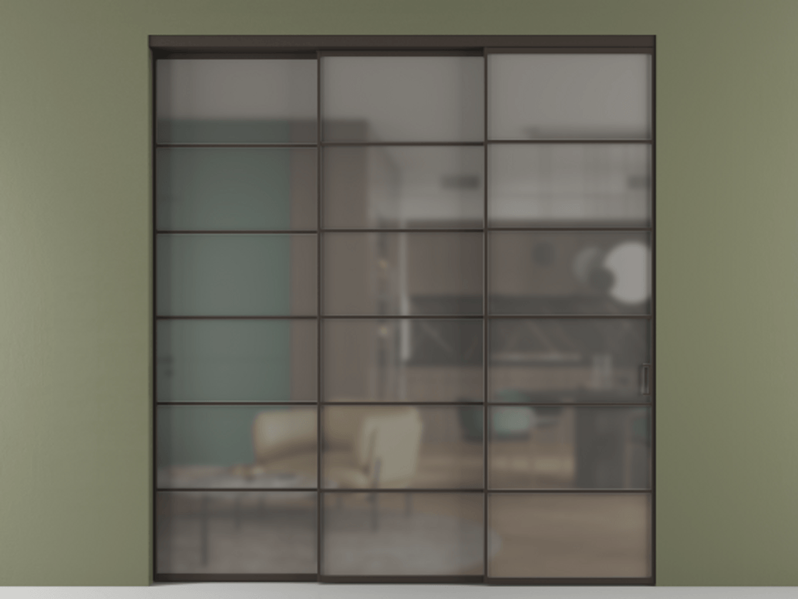 Перегородка Formato внутри проёма телескопик синхро 2 АЛПР 040.04 Алюминий антрацит Сатинированное серое стекло, триплекс, 6 мм Цена 389500 ₽  | Volhovec