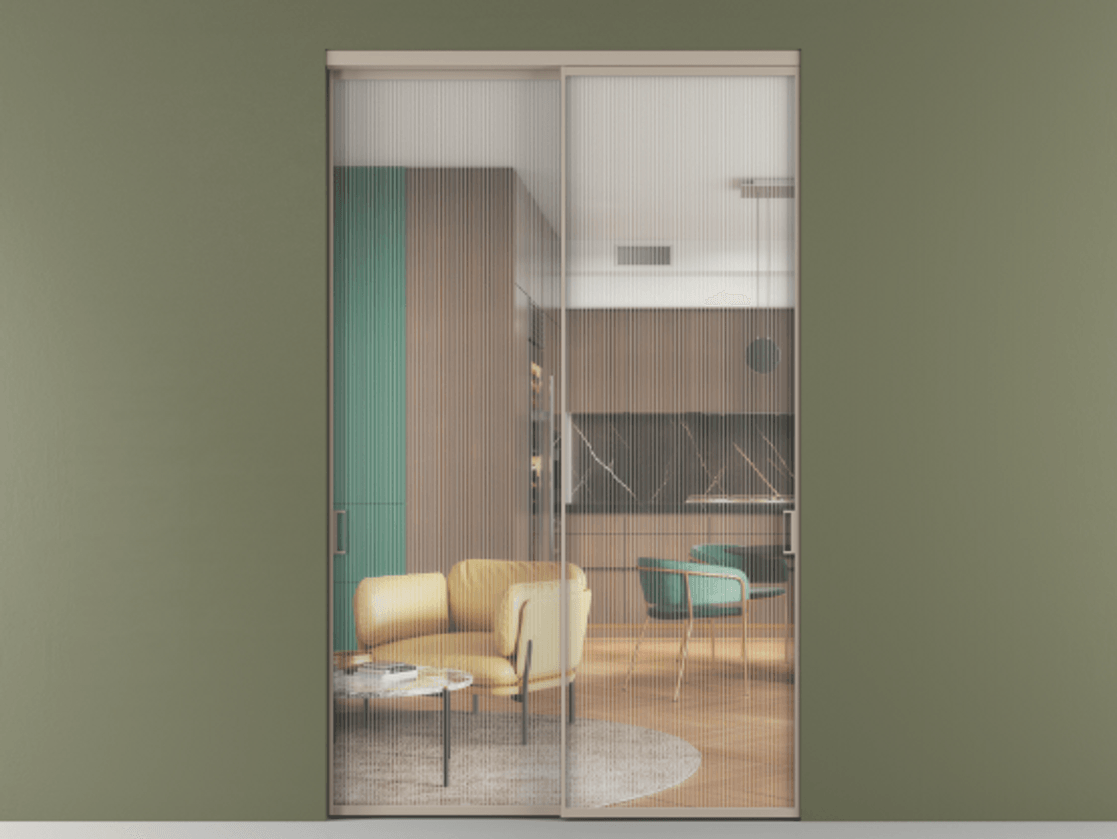 Перегородка Formato внутри проёма двустворчатая АЛПР 040.01 Алюминий бисквитный Рифлёное стекло "Moru", триплекс, 8 мм Цена 202900 ₽  | Volhovec