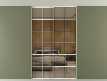 Алюминевая перегородка АЛПР 040.05_АМБ_Stopsol Bronze_new. Цвет Алюминий молочно-белый. Материал Алюминий в эмали. Коллекция Перегородка Formato внутри проёма двустворчатая со скрытым креплением в потолок. Картинка.