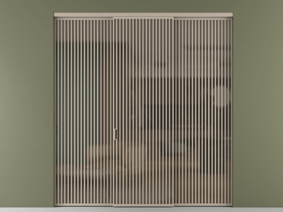 Алюминевая перегородка АЛПР 040.06_АБСК_Бронза сатин триплекс_new. Цвет Алюминий бисквитный. Материал Алюминий в эмали. Коллекция Перегородка Formato внутри проёма трёхстворчатая. Картинка.