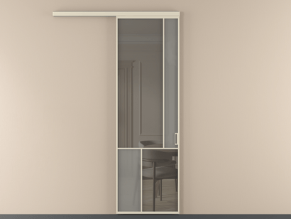 Алюминевая перегородка vd1_1 Алюминий бежево-серый Серый сатин матовое + Серый прозрачное. Цвет Алюминий бежево-серый. Материал Алюминий в эмали. Коллекция Перегородка Mosaic вдоль стены одностворчатая. Картинка.