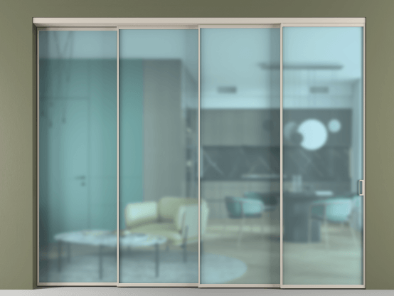 Алюминевая перегородка АЛПР 040.01_АСБЖ_САТ ГОЛ_new. Цвет Алюминий светло-бежевый. Материал Алюминий в эмали. Коллекция Перегородка Формато внутри проёма 4 створки с синхронным механизмом. Картинка.