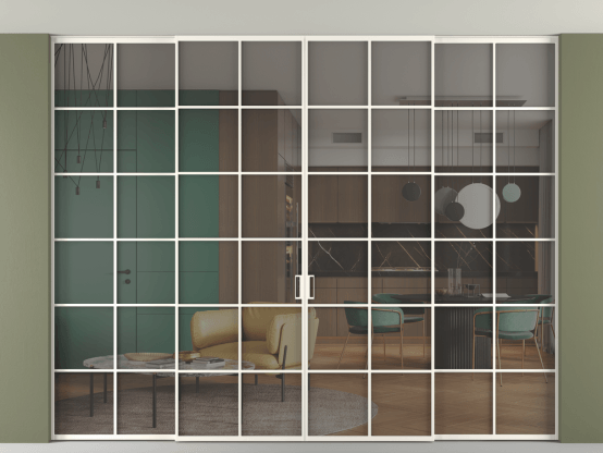 Алюминевая перегородка vn2+2_05 Алюминий пудровый белый Серый прозрачное. Цвет Алюминий пудровый белый. Материал Алюминий в эмали. Коллекция Перегородка Formato внутри проёма скрытое крепление в потолок 4 створки. Картинка.