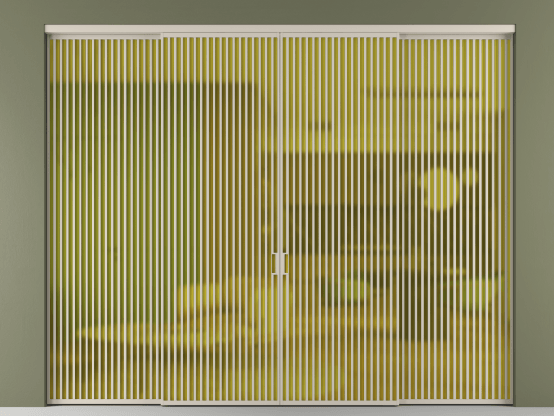 Алюминевая перегородка АЛПР 040.06_АСБЖ_САТ ЖЕЛ_new. Цвет Алюминий светло-бежевый. Материал Алюминий в эмали. Коллекция Перегородка Formato внутри проёма 4 створки. Картинка.