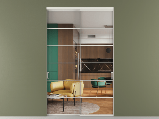 Алюминевая перегородка АЛПР 040.04_АСР_Crystalvision_new. Цвет Алюминий серый. Материал Алюминий в эмали. Коллекция Перегородка Formato внутри проёма 2 створки. Картинка.