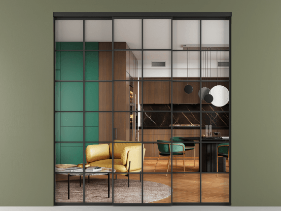 Алюминевая перегородка vn1+2_05 Crystalvision ЧЕР. Цвет Алюминий Черный. Материал Алюминий. Коллекция Перегородка Формато внутри проёма 3 створки. Картинка.