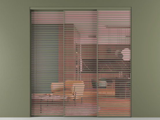 Алюминевая перегородка АЛПР 040.07_АОТ_ПРОЗ РОЗ_new. Цвет Алюминий оливковый тёмный. Материал Алюминий в эмали. Коллекция Перегородка Formato внутри проёма 3 створки с синхронным механизмом. Картинка.