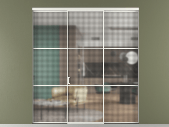 Алюминевая перегородка vn1+2_03_ Алюминий светло-серый Mesh silver. Цвет Алюминий светло-серый. Материал Алюминий в эмали. Коллекция Перегородка Formato внутри проёма 3 створки. Картинка.