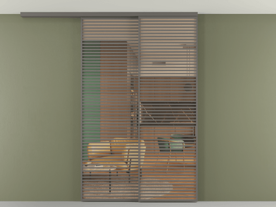 Алюминевая перегородка АЛПР 040.07_АКЛС_ПРОЗ ОРАНЖ_new. Цвет Алюминий классический серый. Материал Алюминий в эмали. Коллекция Перегородка Formato вдоль стены на потолок 2 створки с синхронным механизмом. Картинка.