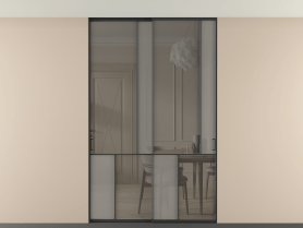 Алюминевая перегородка vntp2_1 ЧЕР. Цвет Алюминий Черный. Материал Алюминий. Коллекция Перегородка Мозаик внутри проёма скрытое крепление в потолок 2 створки. Картинка.