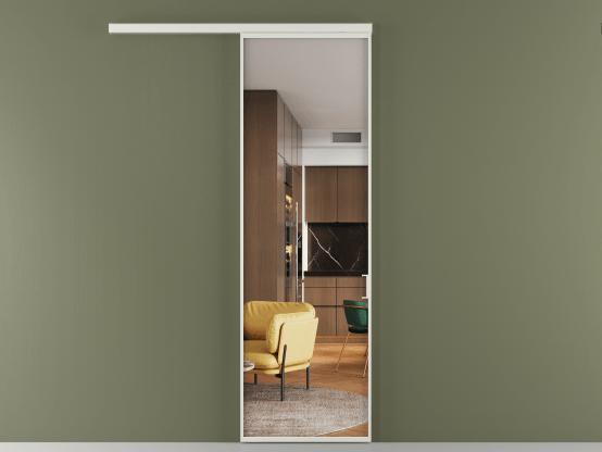 Алюминевая перегородка АЛПР 040.01_АСР_Crystalvision_new. Цвет Алюминий серый. Материал Алюминий в эмали. Коллекция Перегородка Формато вдоль стены 1 створка. Картинка.