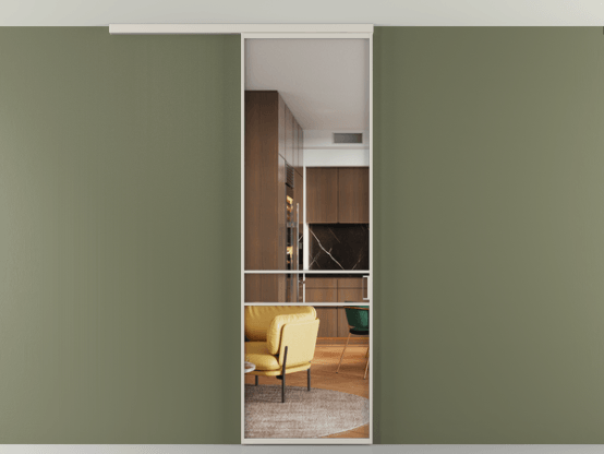 Алюминевая перегородка АЛПР 040.02_АОС_Crystalvision_new. Цвет Алюминий облачно-серый. Материал Алюминий в эмали. Коллекция Перегородка Formato вдоль стены на потолок 1 створка. Картинка.