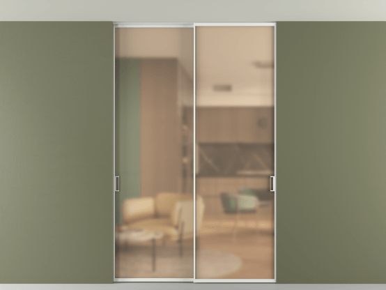 Алюминевая перегородка АЛПР 040.01_АБЛ_САТ ОРАНЖ_new. Цвет Алюминий белоснежный. Материал Алюминий в эмали. Коллекция Перегородка Formato внутри проёма скрытое крепление в потолок 2 створки. Картинка.