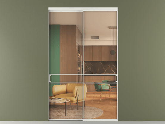 Алюминевая перегородка vn2_02_ Алюминий светло-серый Прозрачное оранжевое стекло, триплекс, 6мм. Цвет Алюминий светло-серый. Материал Алюминий в эмали. Коллекция Перегородка Формато внутри проёма 2 створки. Картинка.