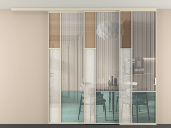 Алюминевая перегородка vdt3_6 Алюминий бежево-серый Четыре стекла. Цвет Алюминий бежево-серый. Материал Алюминий в эмали. Коллекция Перегородка Mosaic вдоль стены на потолок 3 створки с синхронным механизмом. Картинка.