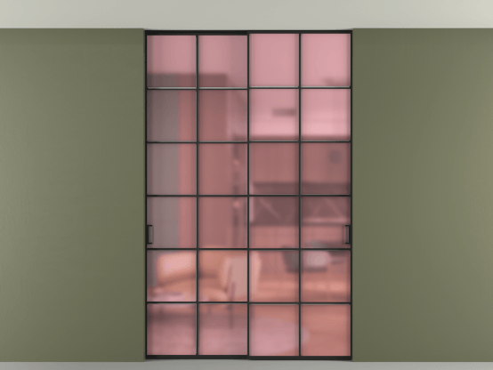 Алюминевая перегородка АЛПР 040.05_ЧРН_САТ РОЗ_new. Цвет Алюминий Черный. Материал Алюминий. Коллекция Перегородка Formato внутри проёма скрытое крепление в потолок 2 створки. Картинка.