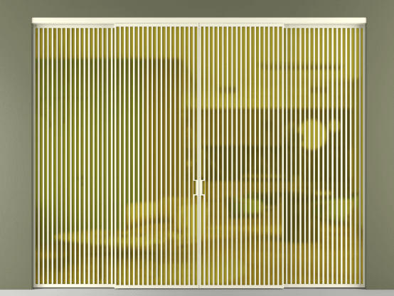 Алюминевая перегородка АЛПР 040.06_АМБ_САТ ЖЕЛ_new. Цвет Алюминий молочно-белый. Материал Алюминий в эмали. Коллекция Перегородка Formato внутри проёма 4 створки. Картинка.